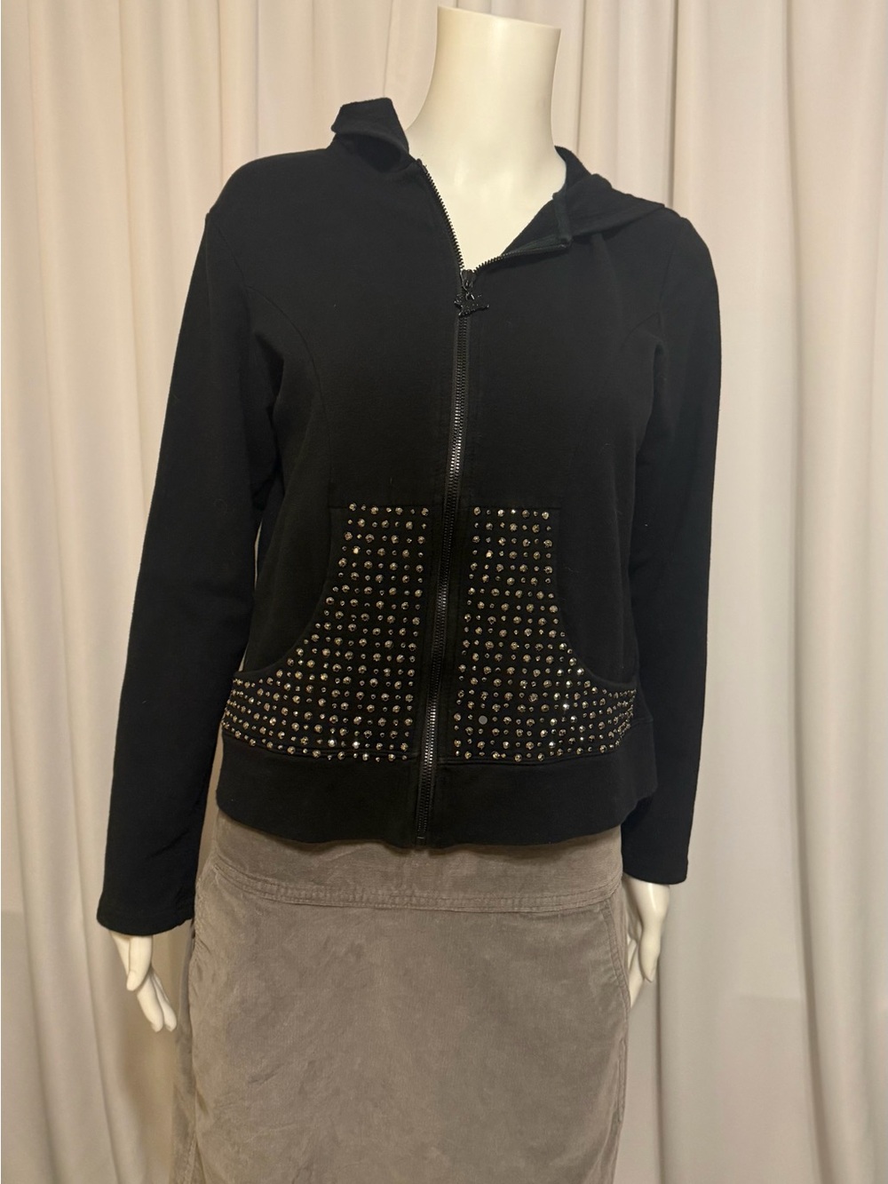Central Park Vintage Y2K Black Rhinestone Studded Zip Up Hoodie Medium